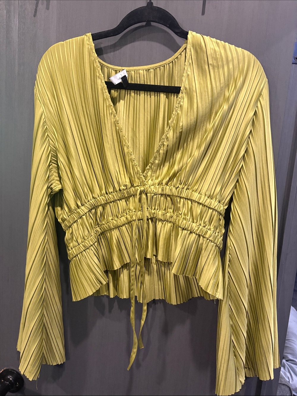 Pleated V-Neck Cinched Waist Top - Green